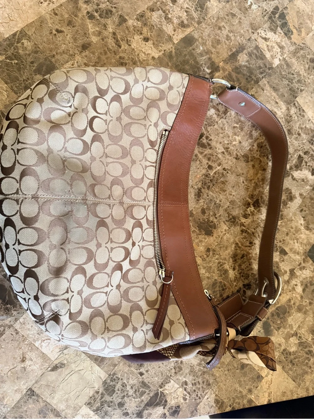 Coach Beige Signature Canvas Hobo with Brown Leather Trim
